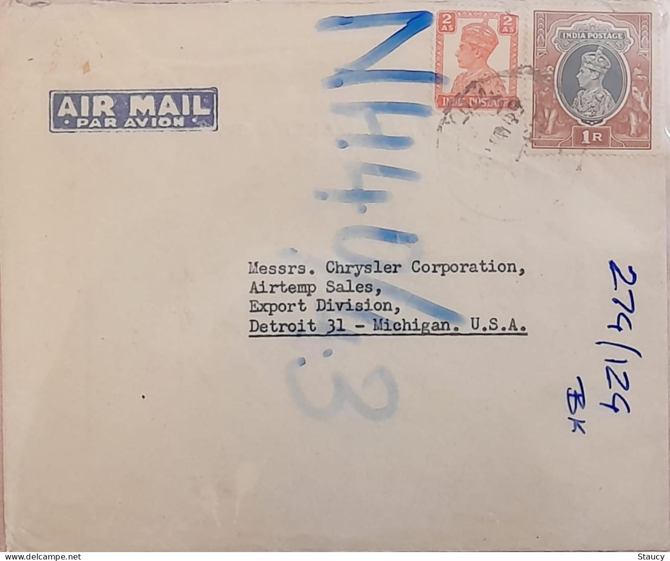 British India 194.? Airmail COVER BOMBAY, INDIA To USA KG VI 1r 2a Stamps Cancellations On Front & Back - Posta Aerea