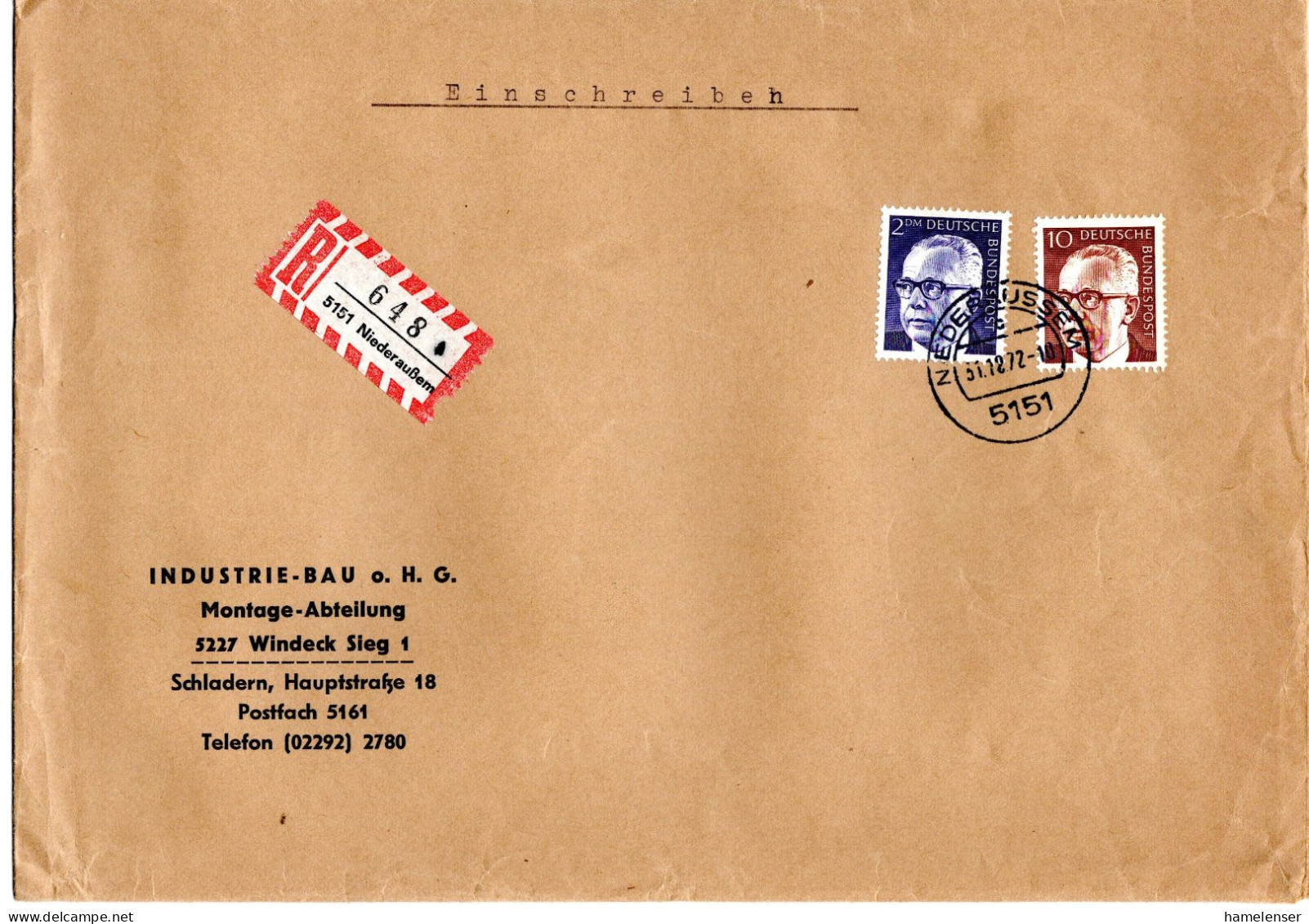 L65584 - Bund - 1972 - 2DM Heinemann MiF A R-Bf NIEDERAUSSEM -> Windeck - Storia Postale