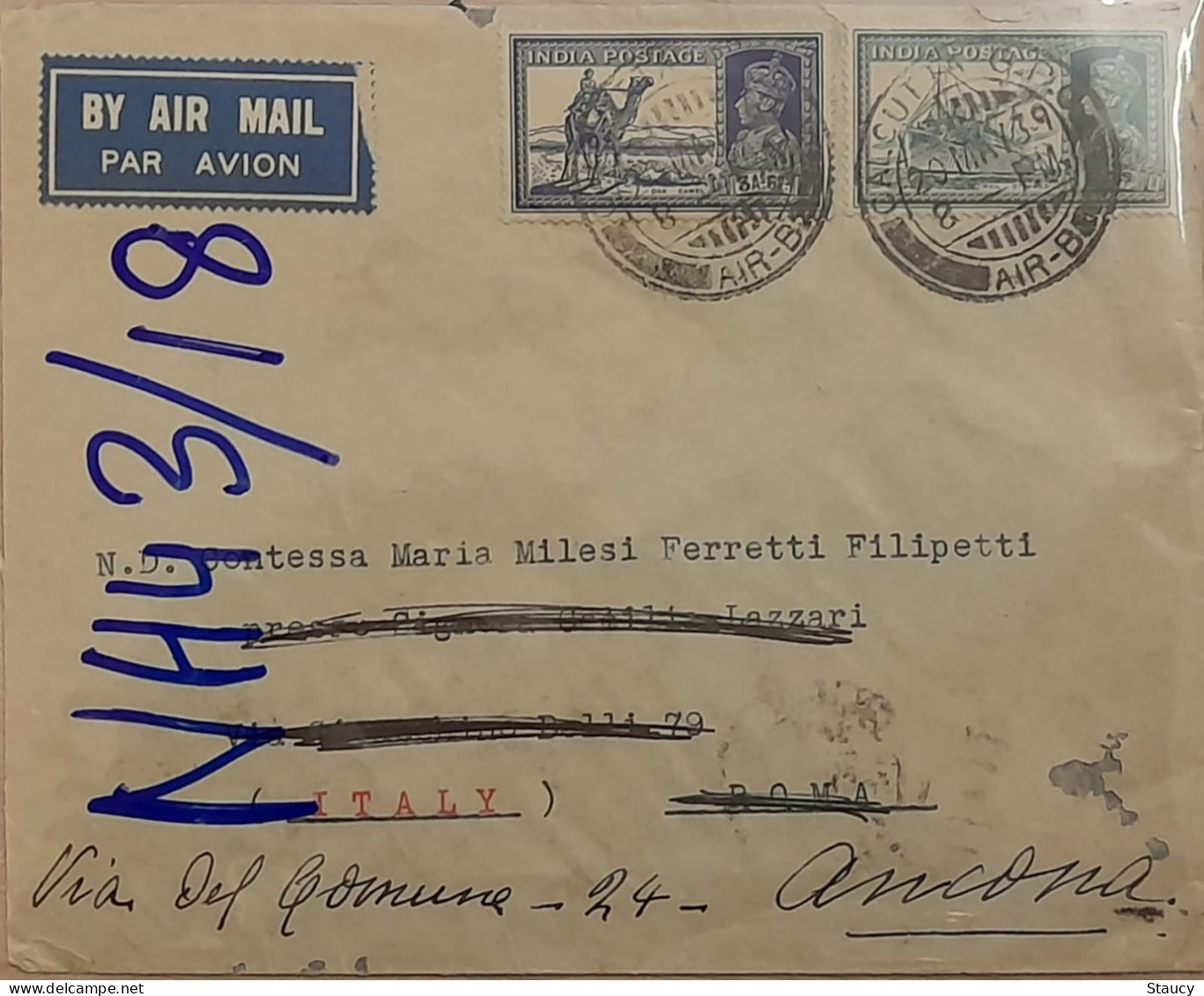 British India 1939 Airmail COVER From INDIA To ITALY KG V 9 1/2a Stamps NICE Cancellations On Front & Back - Poste Aérienne