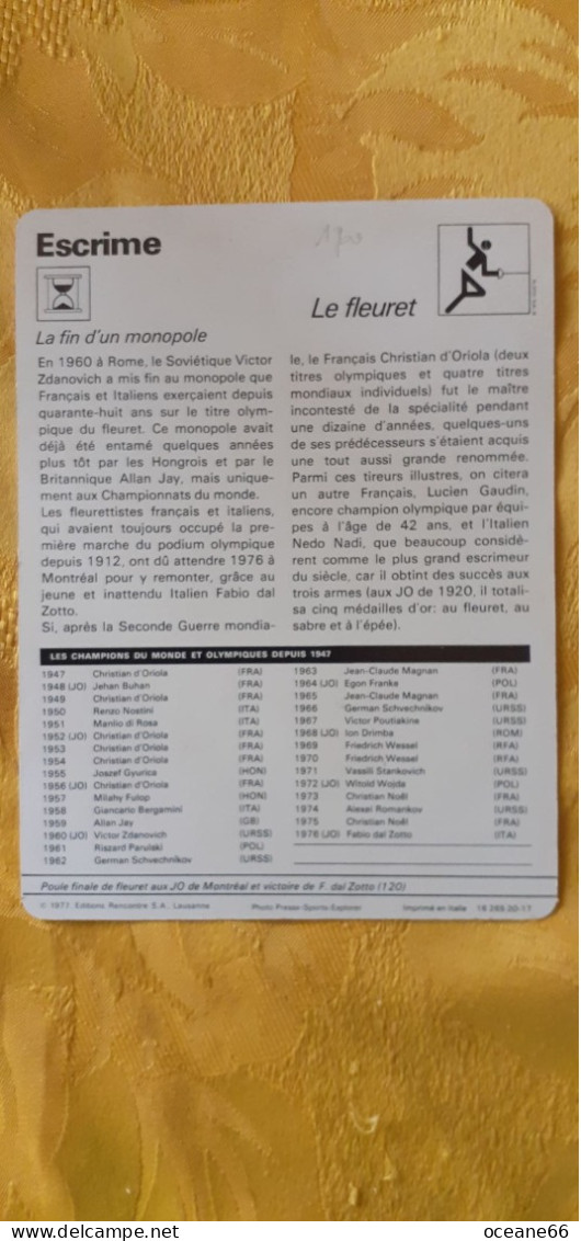 Fiche Rencontre Escrime Le Fleuret Dal Zotto JO Montreal 1976 - Fencing