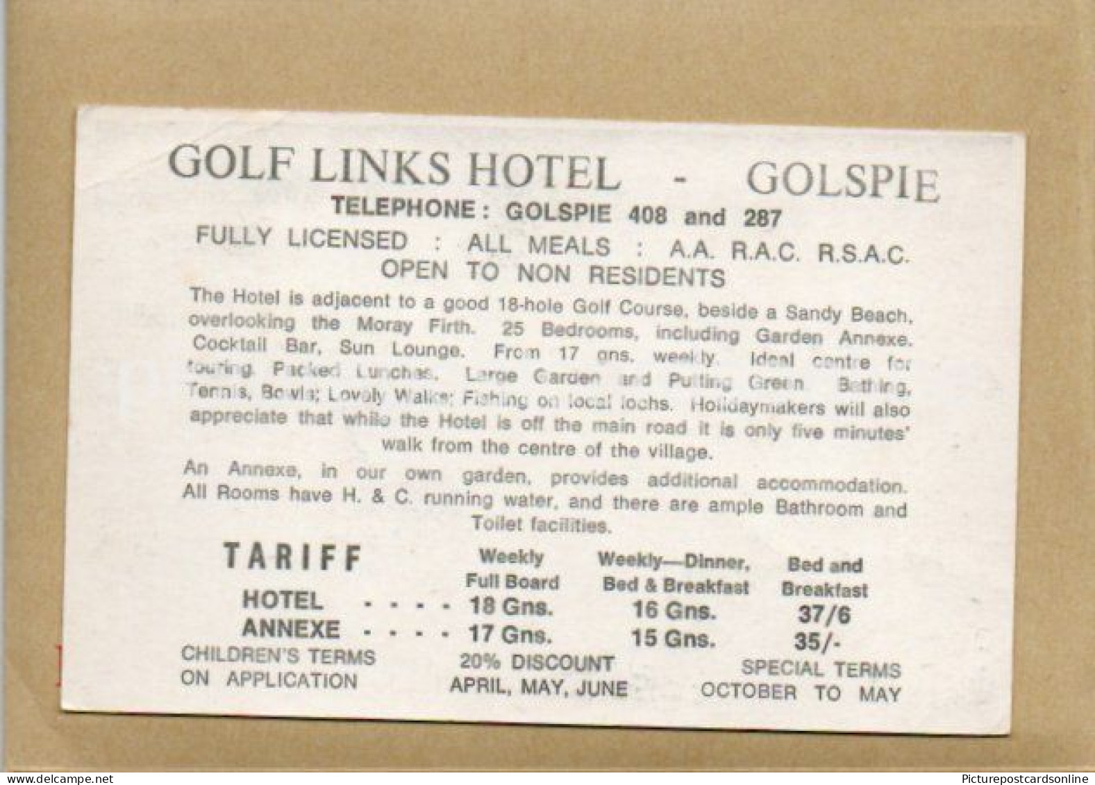 GOLSPIE THE GOLF LINKS HOTEL OLD B/W ADVERTISING CARD SUTHERLAND SCOTLAND - Sutherland