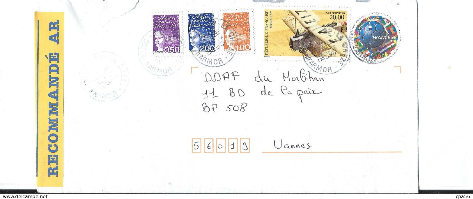 LETTRE RECOMMANDÉE 1998 La CHEZE 22 - ENTIER  + P.A. 20F + Complément Tricolore Marianne - Briefe U. Dokumente