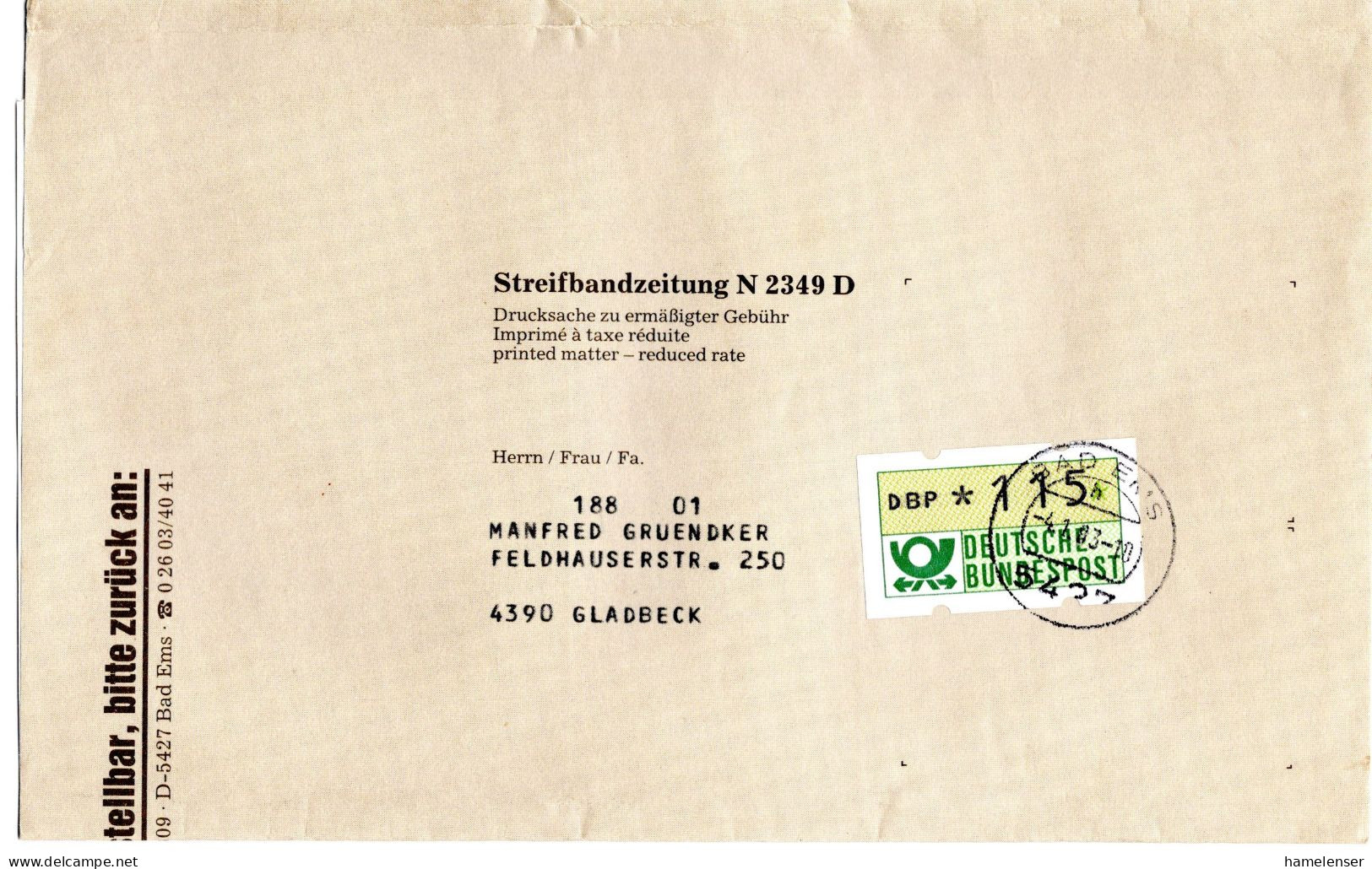 L65593 - Bund - 1983 - 115Pfg ATM EF A Streifband BAD EMS -> Gladbeck - Storia Postale