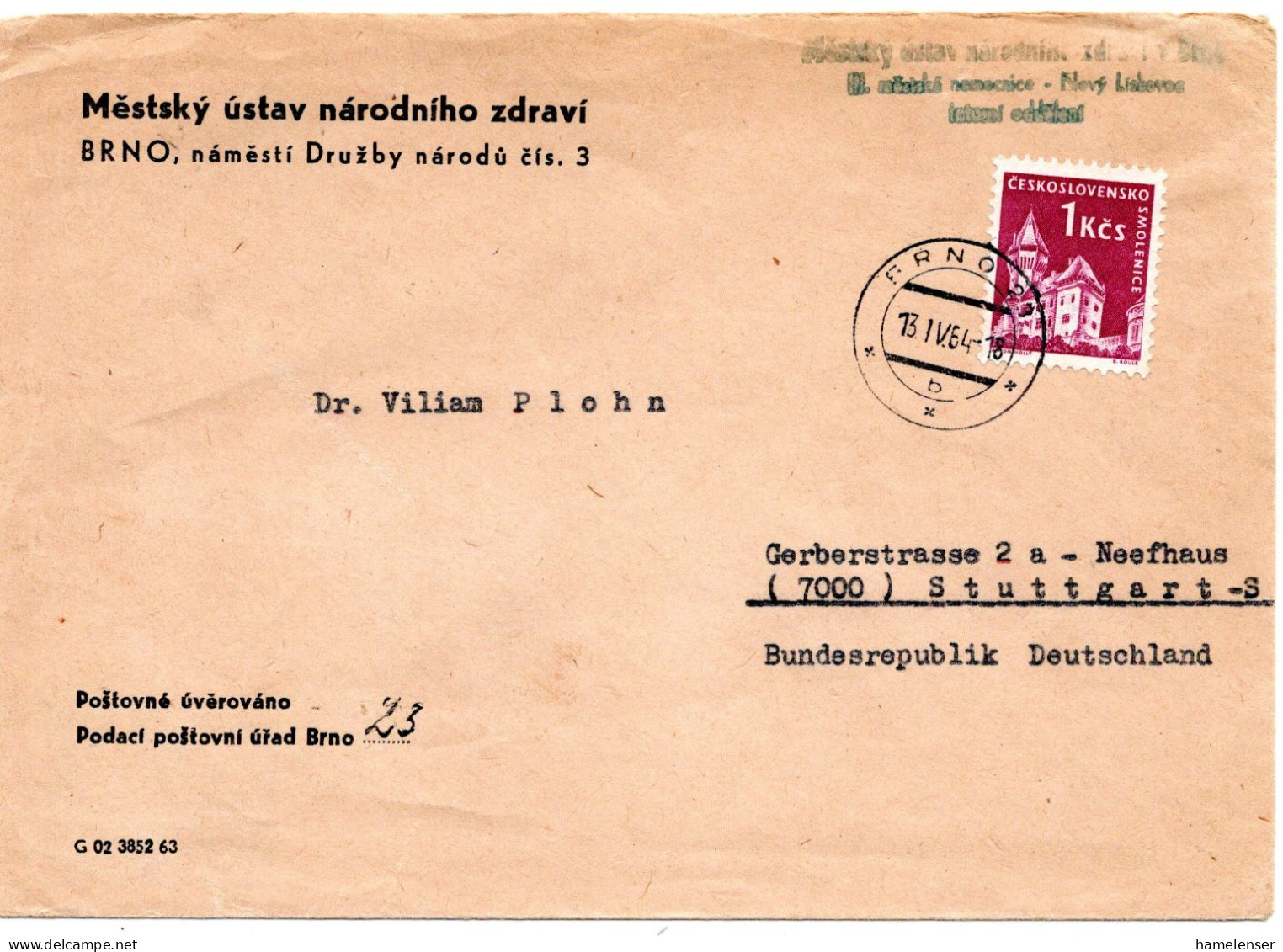 65613 - Tschechoslowakei - 1964 - 1Kcs Burgen EF A Bf BRNO -> Westdeutschland - Briefe U. Dokumente