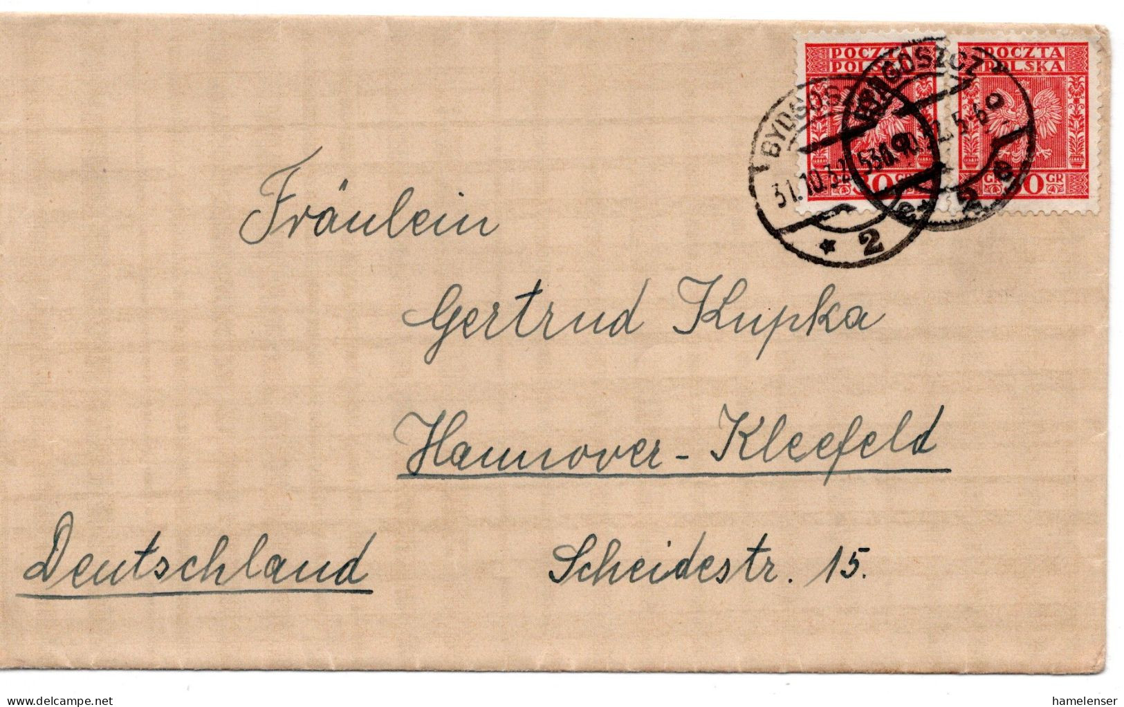 65623 - Polen - 1937 - 2@30gr Wappen A Bf BYDGOSZCZ -> Deutschland - Storia Postale