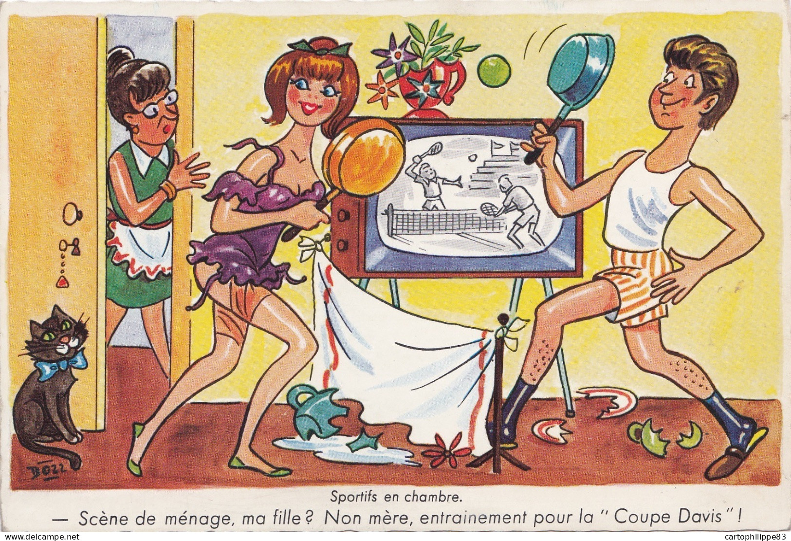 CPSM ILLUSTRATEUR BD BOZZ OU  ROB-VEL OU VELTER HUMOUR  ANNÉES 60 LA TELEVISION SPORTIFS EN CHAMBRE LE TENNIS LE CHAT - Lutte