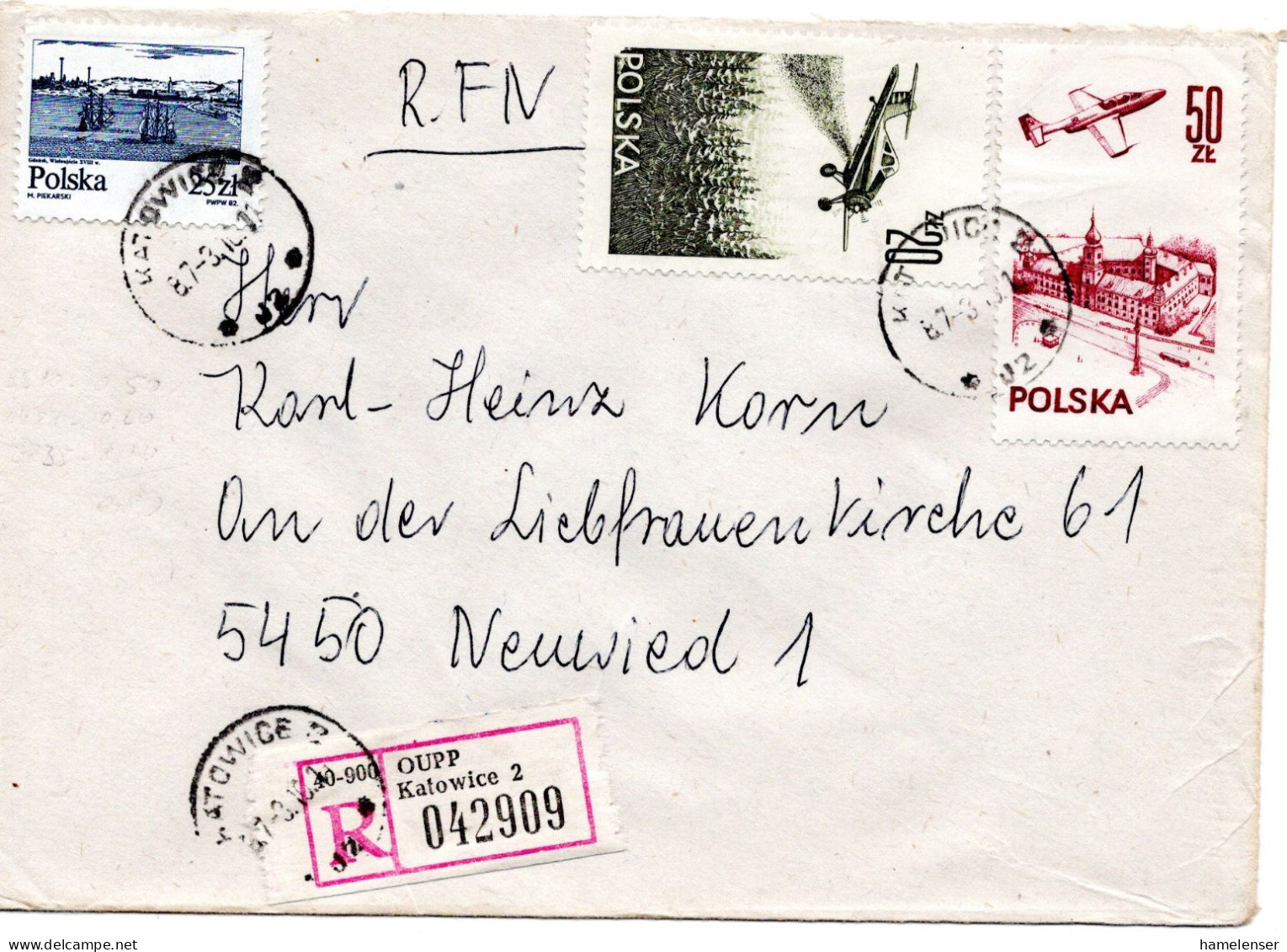 65626 - Polen - 1987 - 50Zl Flugzeug MiF A R-Bf KATOWICE -> WARSZAWA -> Westdeutschland - Brieven En Documenten