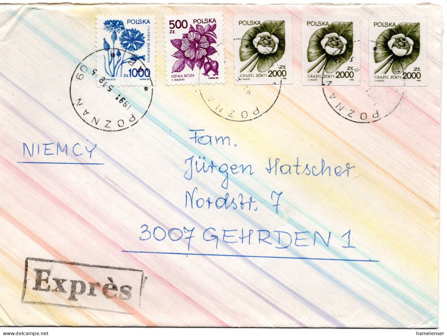 65630 - Polen - 1991 - 3@2000Zl Pflanzen MiF A EilBf POZNAN -> WARSZAWA -> GEHRDEN (Deutschland) - Briefe U. Dokumente
