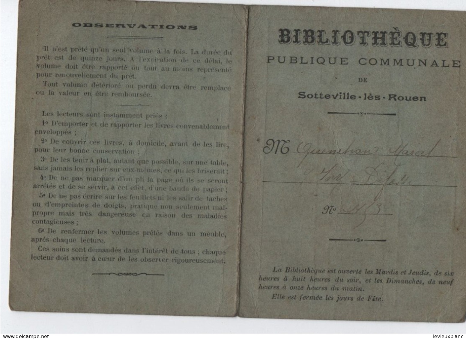 Carte De Bibliothéque Publique Communale/ Sotteville-les-Rouen/Quénetran Marcel/Vers 1920    AEC249 - Mitgliedskarten