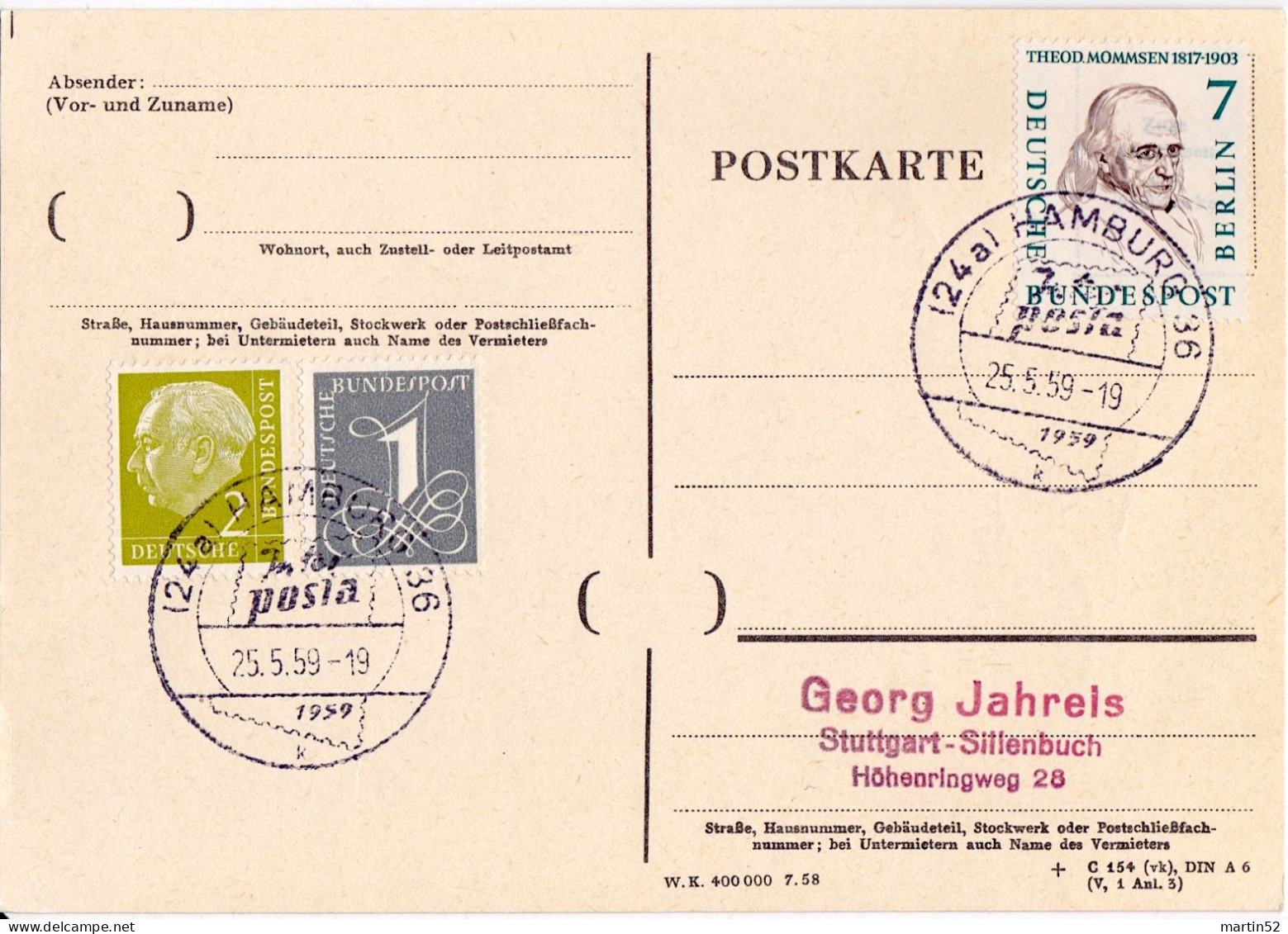 Allemagne Germany BRD 1958: Michel-N° BRD 177+222 & BERLIN 163 Auf Karte Mit Sonder-Stempel HAMBURG 25-5-59 Interposta - Esposizioni Filateliche