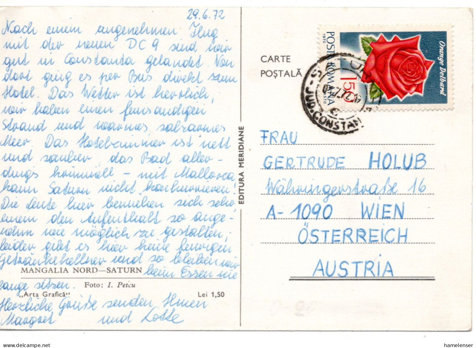 65638 - Rumaenien - 1972 - 1,50L Rosen EF A AnsKte SATURN -> Oesterreich - Roses