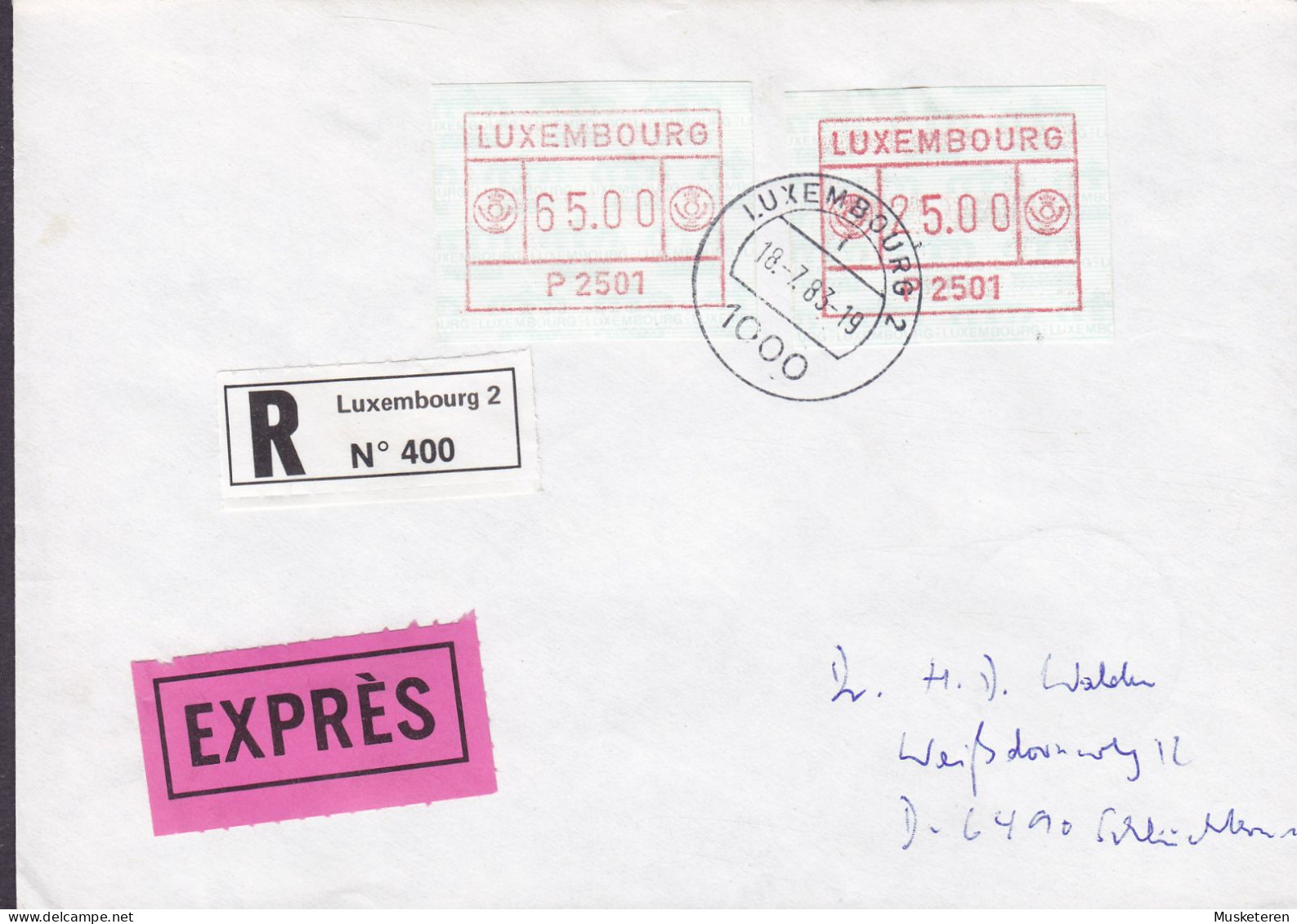 Luxembourg EXPRÉS & Registered Labels LUXEMBOURG 1983 FDC Cover Premier Jour Lettre 25 & 65 Fr. ATM / Frama Labels - Maschinenstempel (EMA)