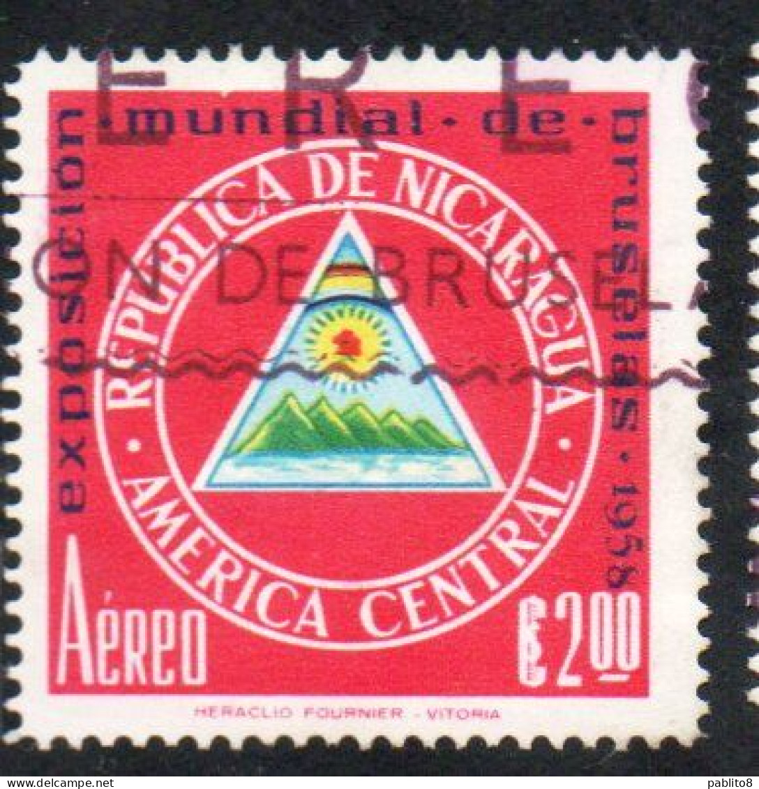 NICARAGUA 1958 WORLD'S FAIR BRUSSELS BRUXELLES ARMS 2cor USED USATO OBLITERE' - Nicaragua