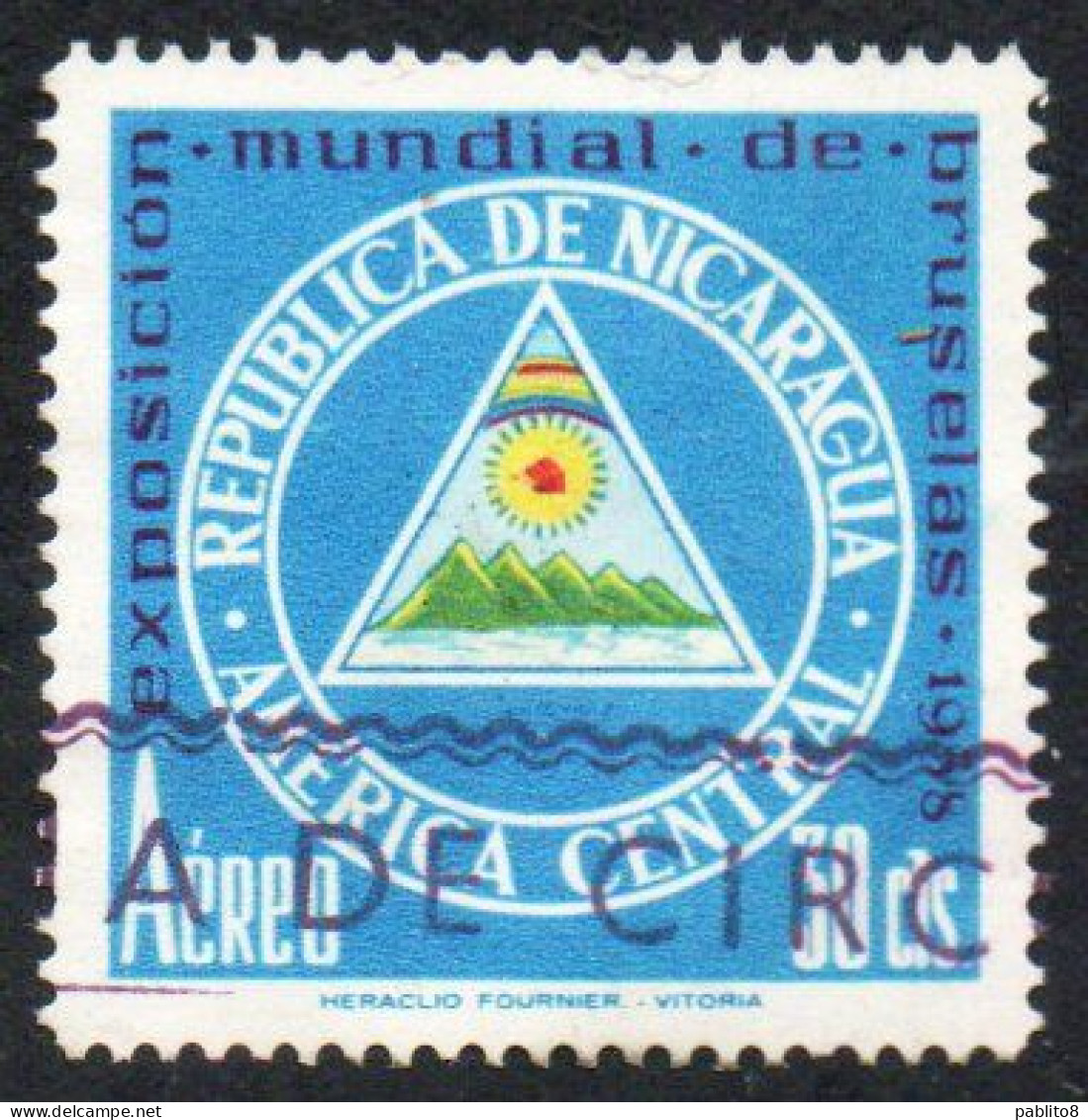 NICARAGUA 1958 WORLD'S FAIR BRUSSELS BRUXELLES ARMS 30c USED USATO OBLITERE' - Nicaragua