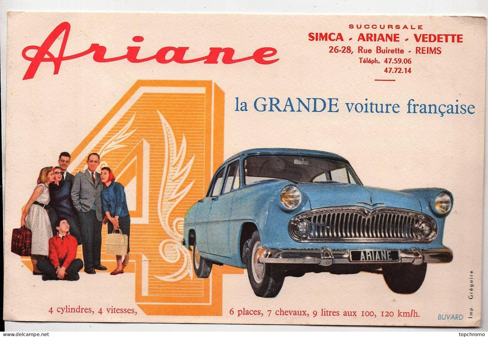 Buvard Ariane La Grande Voiture Française Simca Ariane Vedette Rue Buirette Reims - Automóviles