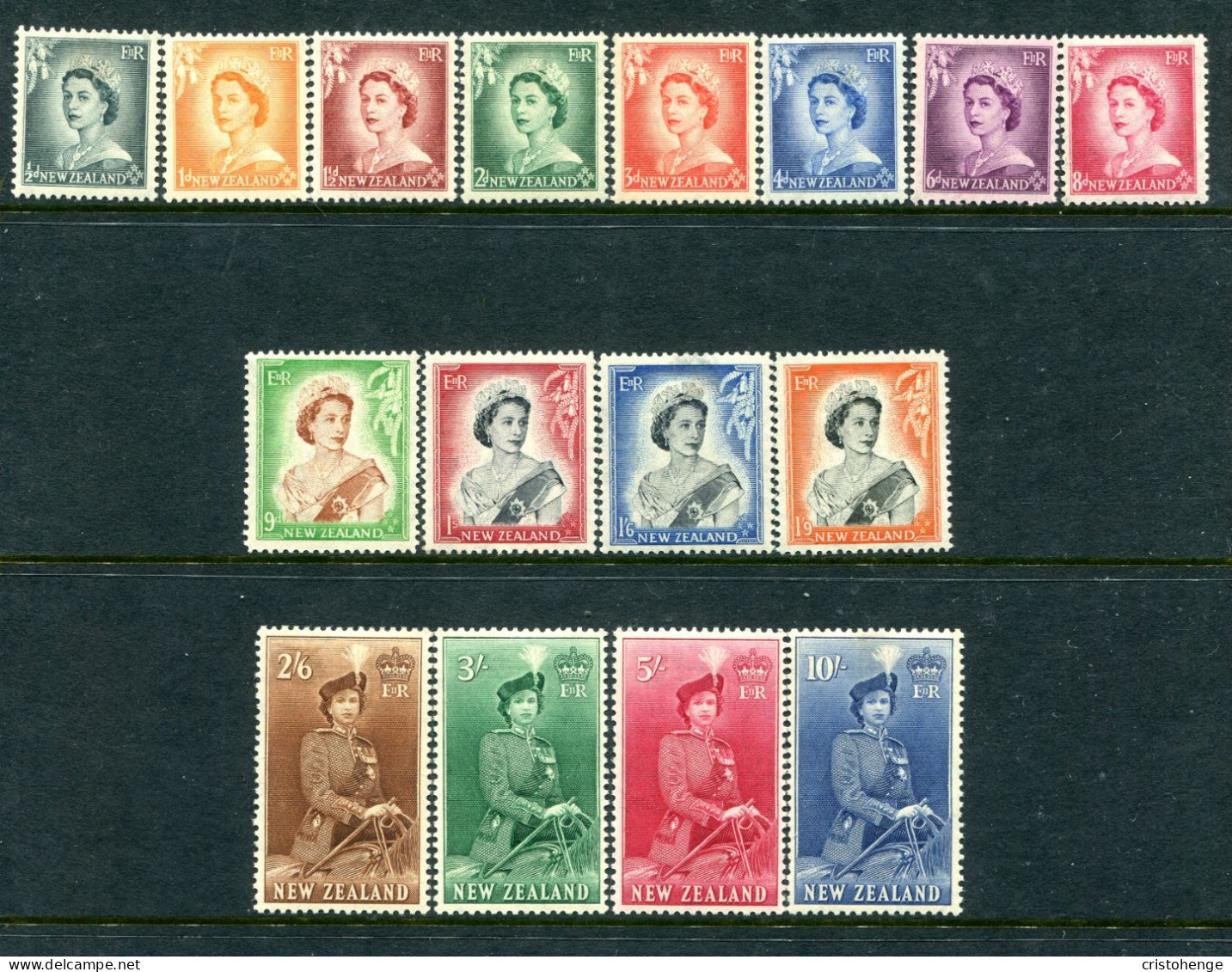 New Zealand 1953-59 QEII Definitives Complete Set To 10/- HM (SG 723-736) - Nuevos