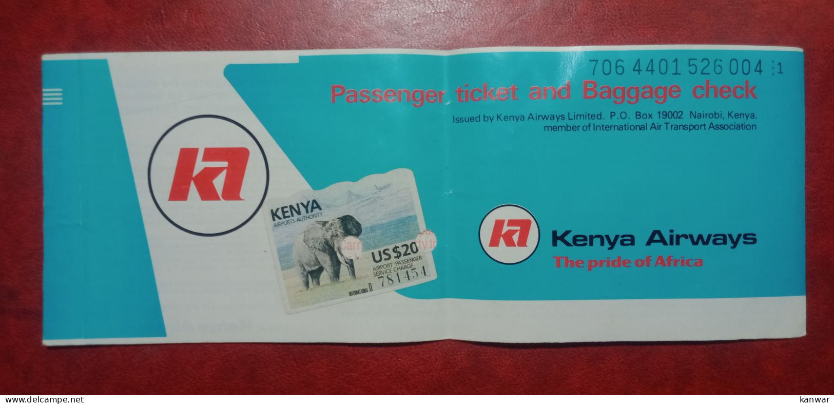 1993 KENYA AIRWAYS PASSENGER TICKET AND BAGGAGE CHECK WITH STAMP AIRPORT PASSENGER SERVICE - Tickets
