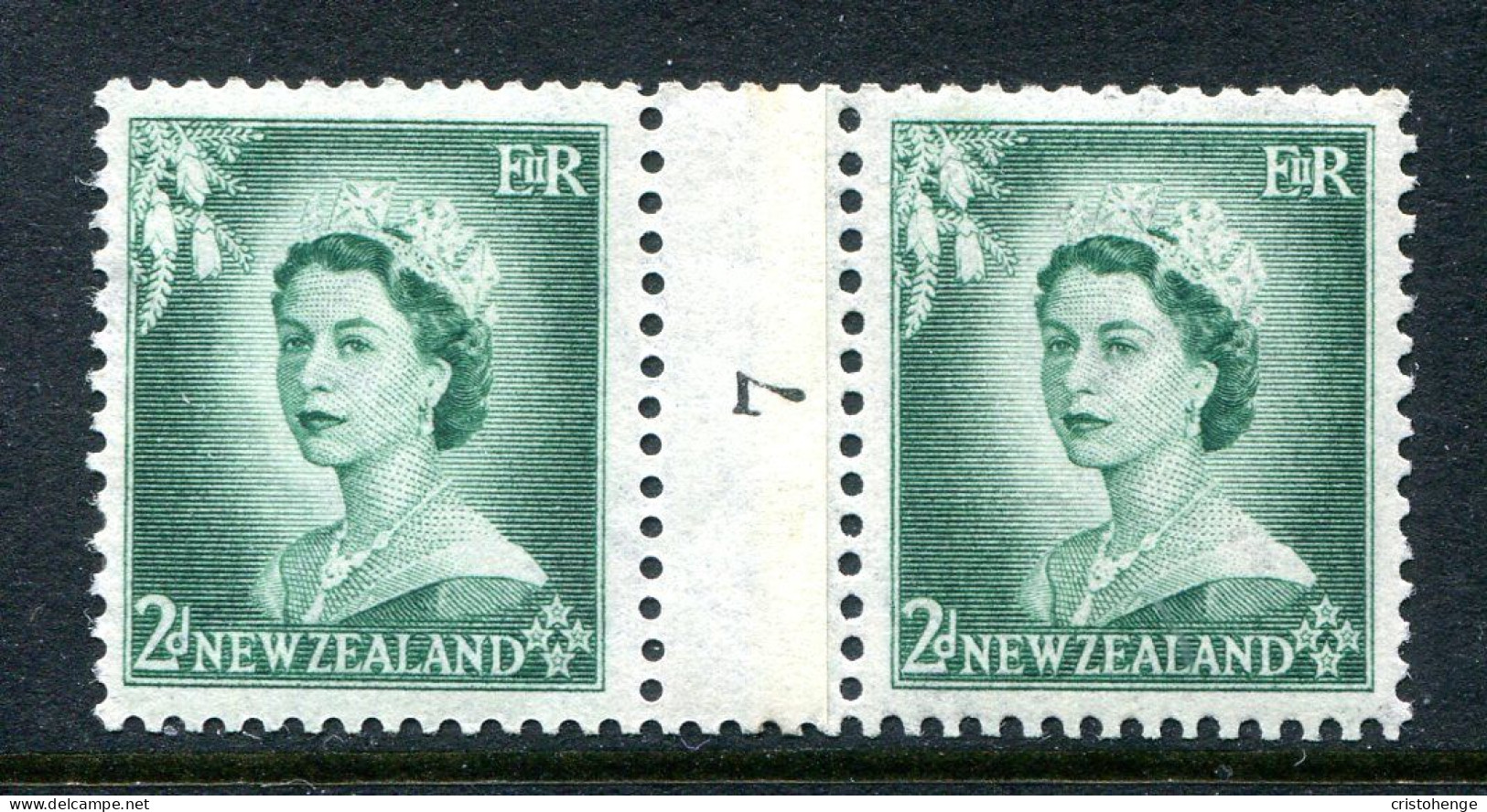 New Zealand 1953-59 QEII Definitives - Coil Pairs - 2d Bluish-green - No. 7 - LHM (SG Unlisted) - Unused Stamps