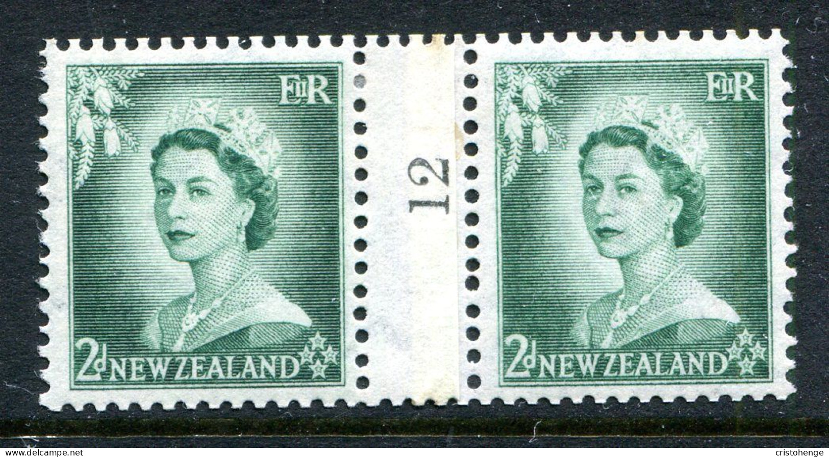 New Zealand 1953-59 QEII Definitives - Coil Pairs - 2d Bluish-green - No. 12 - HM (SG Unlisted) - Nuevos