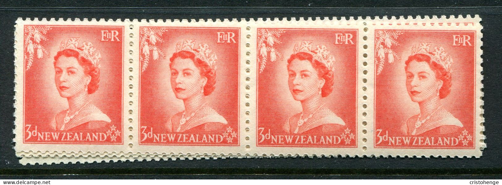 New Zealand 1953-59 QEII Definitives - Coil Strip - 3d Vermilion - Strip Of 16 MNH (SG Unlisted) - Neufs