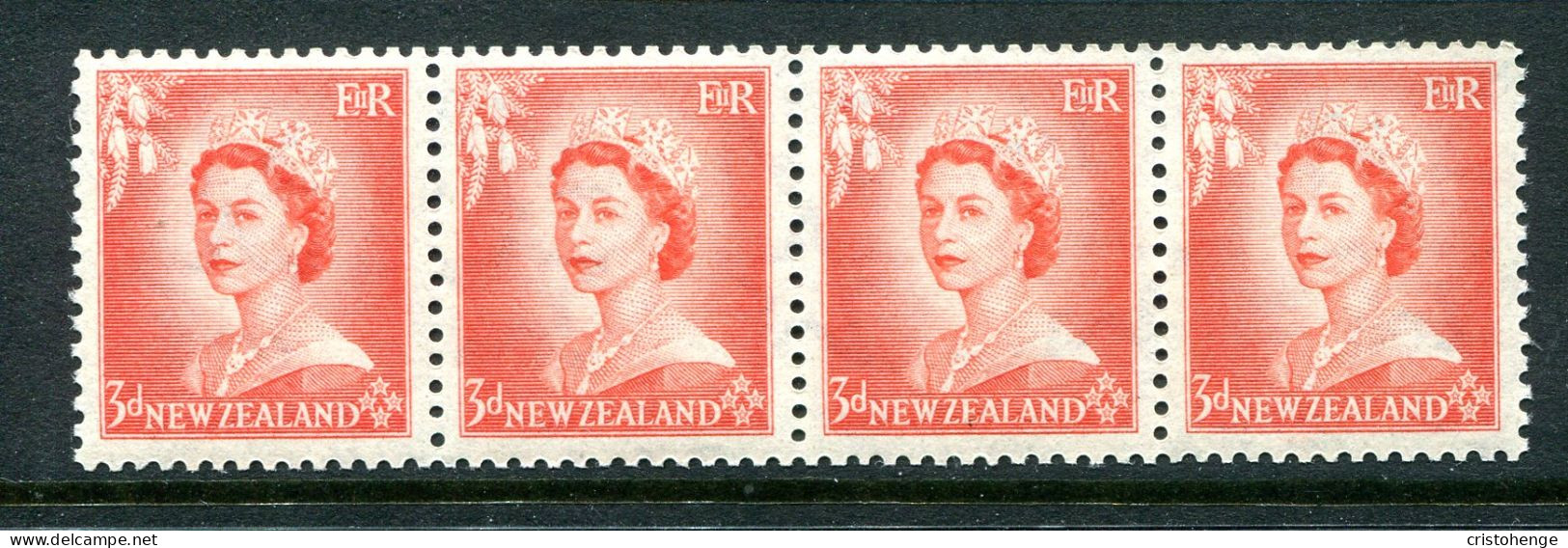 New Zealand 1953-59 QEII Definitives - Coil Strip - 3d Vermilion - Strip Of 4 MNH (SG Unlisted) - Neufs