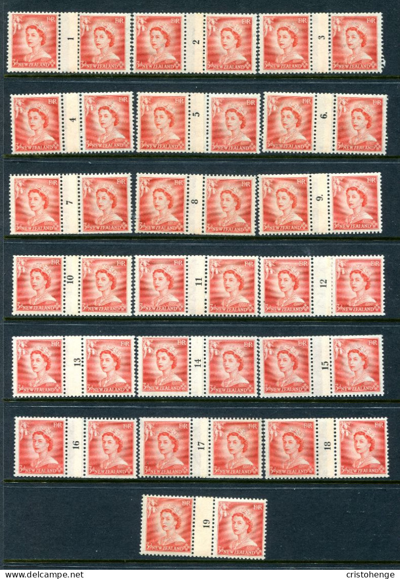 New Zealand 1953-59 QEII Definitives - Coil Pairs - 3d Vermilion - Set Of 19 - MNH/LHM (SG Unlisted) - Neufs