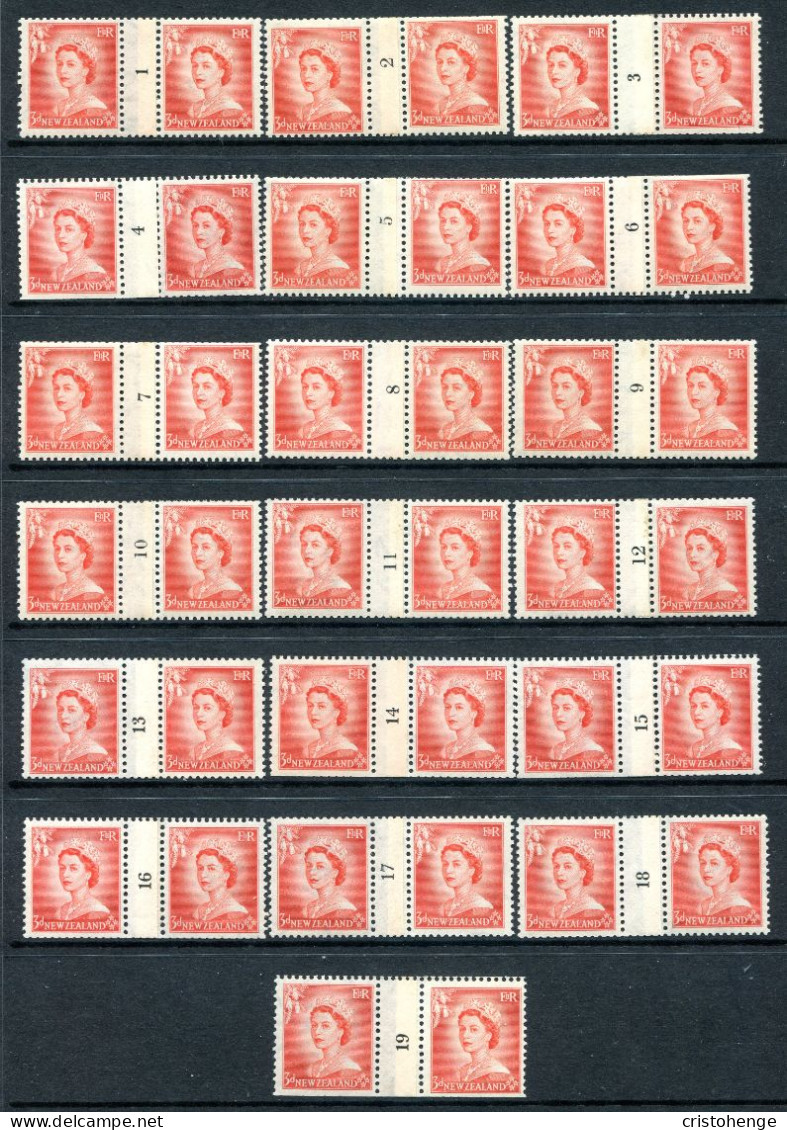 New Zealand 1953-59 QEII Definitives - Coil Pairs - 3d Vermilion - Set Of 19 - MNH/LHM (SG Unlisted) - Nuevos