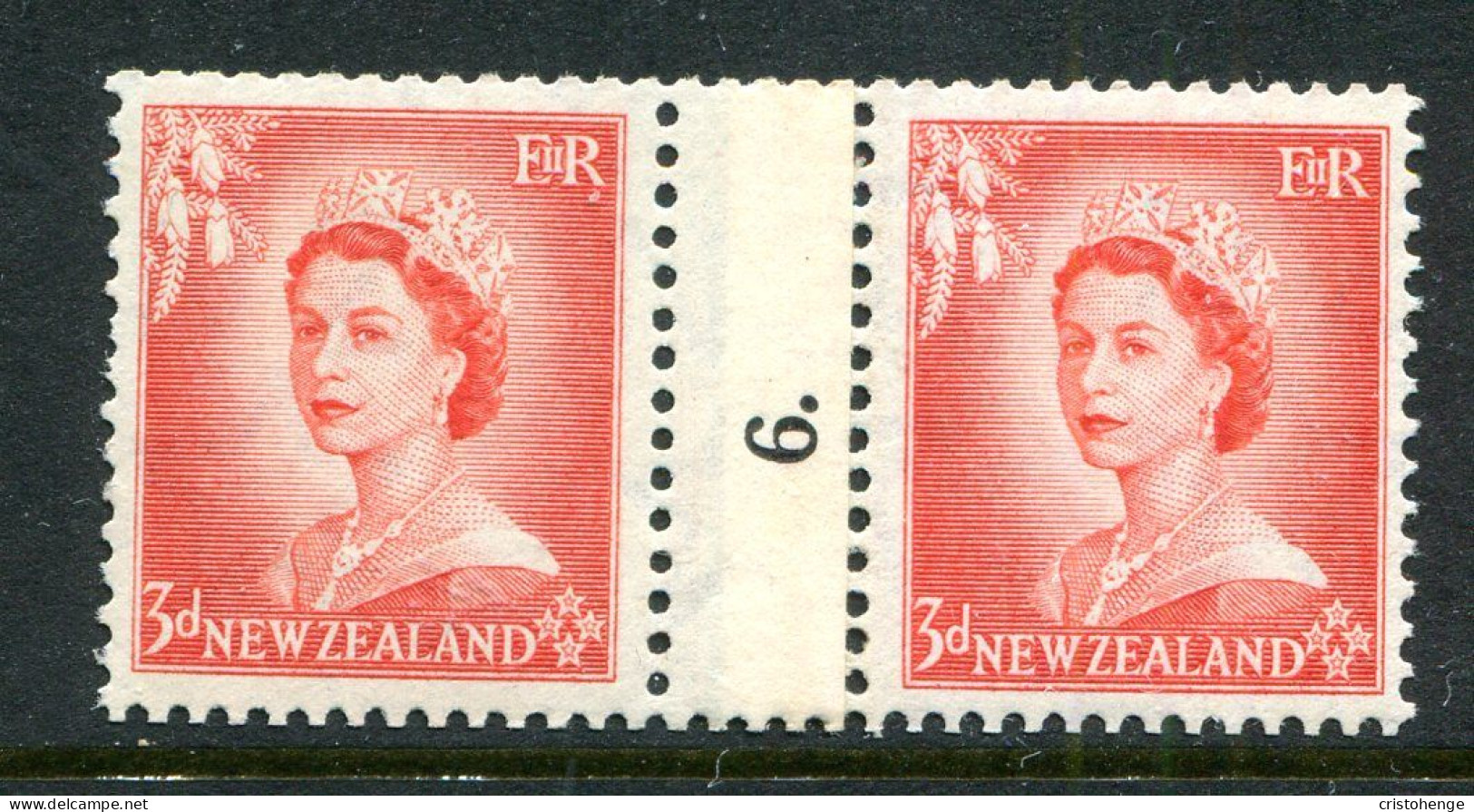 New Zealand 1953-59 QEII Definitives - Coil Pairs - 3d Vermilion - No. 6 - LHM (SG Unlisted) - Neufs