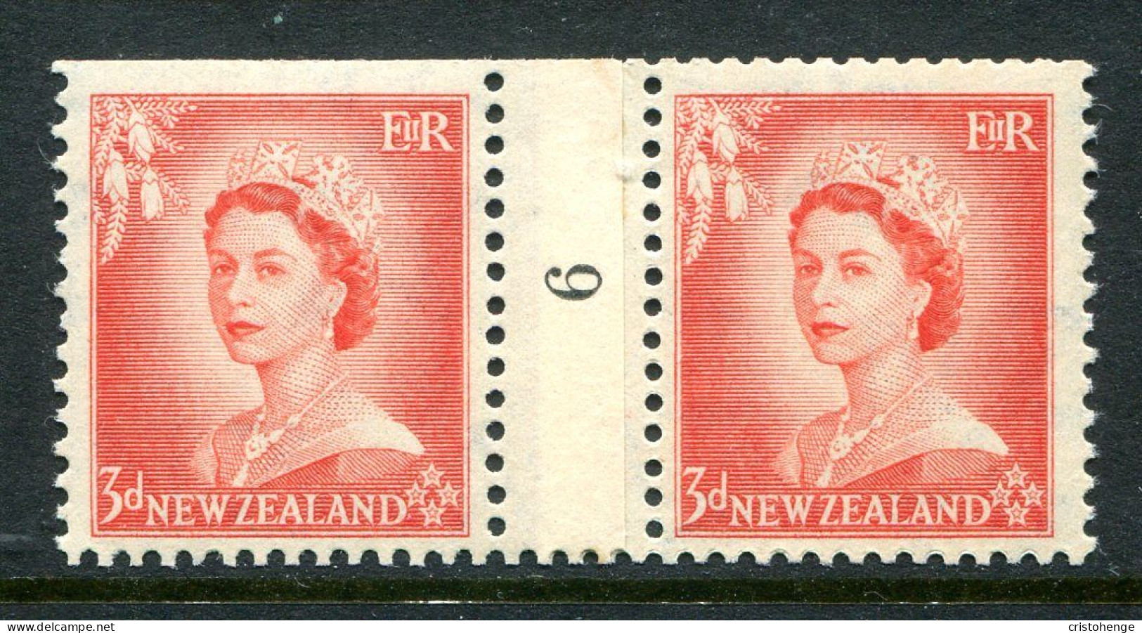 New Zealand 1953-59 QEII Definitives - Coil Pairs - 3d Vermilion - No. 6 - LHM (SG Unlisted) - Neufs
