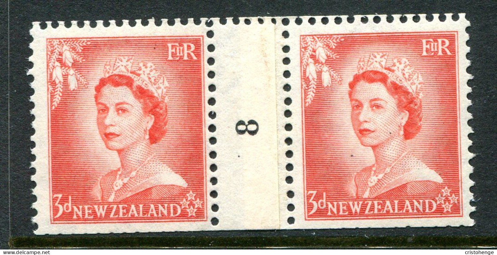 New Zealand 1953-59 QEII Definitives - Coil Pairs - 3d Vermilion - No. 8 - LHM (SG Unlisted) - Neufs