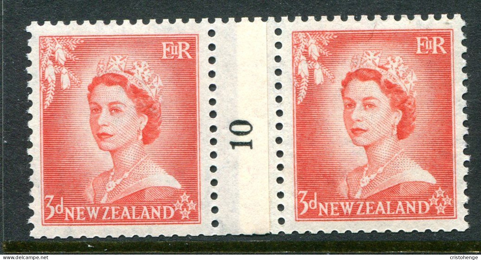 New Zealand 1953-59 QEII Definitives - Coil Pairs - 3d Vermilion - No. 10 - LHM (SG Unlisted) - Neufs