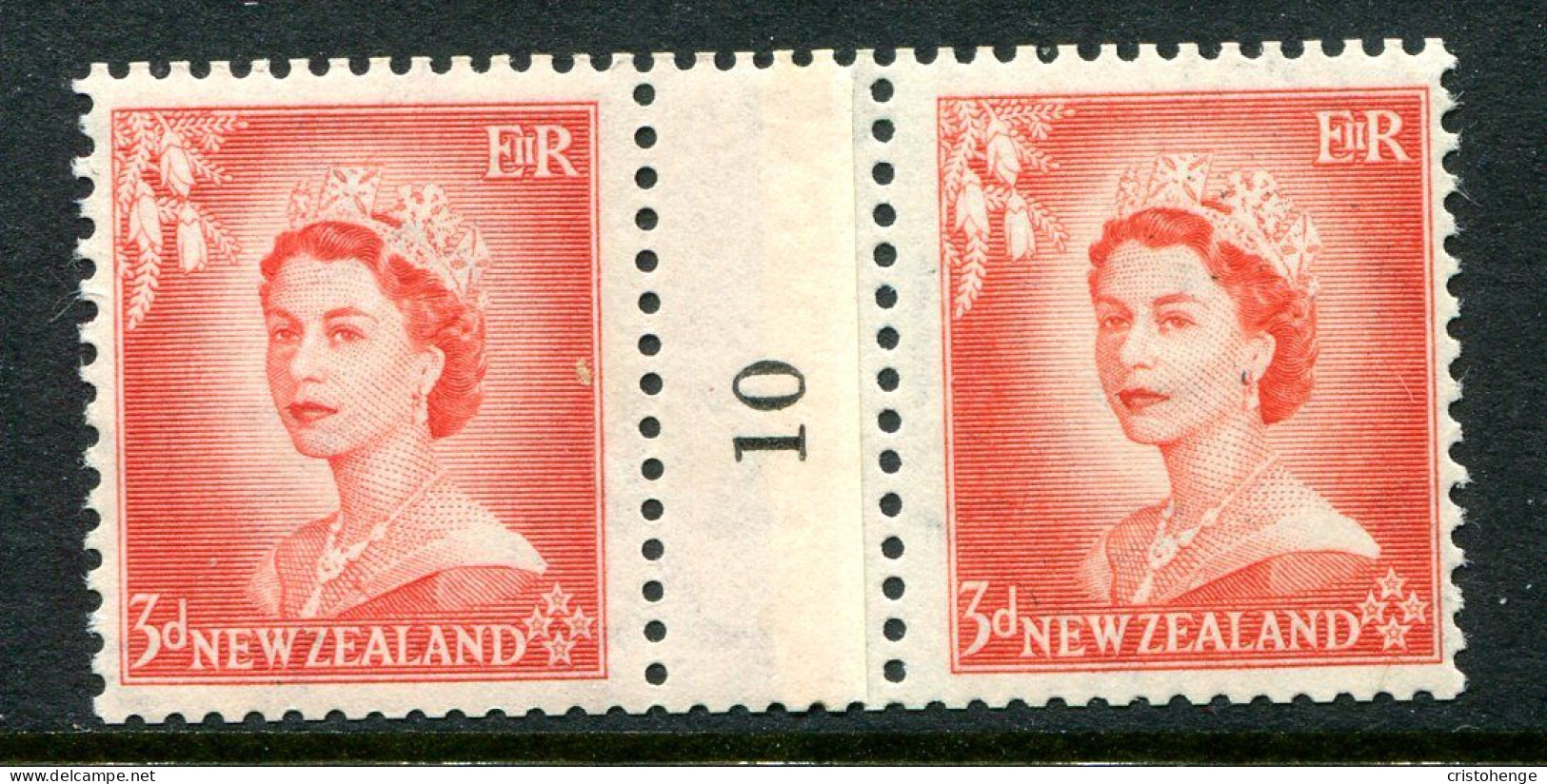 New Zealand 1953-59 QEII Definitives - Coil Pairs - 3d Vermilion - No. 10 - LHM (SG Unlisted) - Neufs