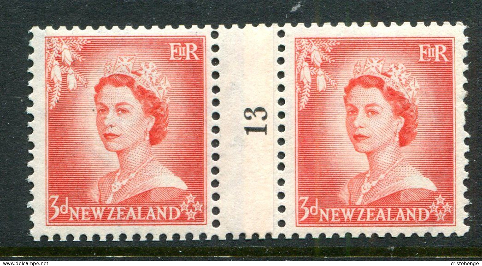 New Zealand 1953-59 QEII Definitives - Coil Pairs - 3d Vermilion - No. 13 - LHM (SG Unlisted) - Neufs