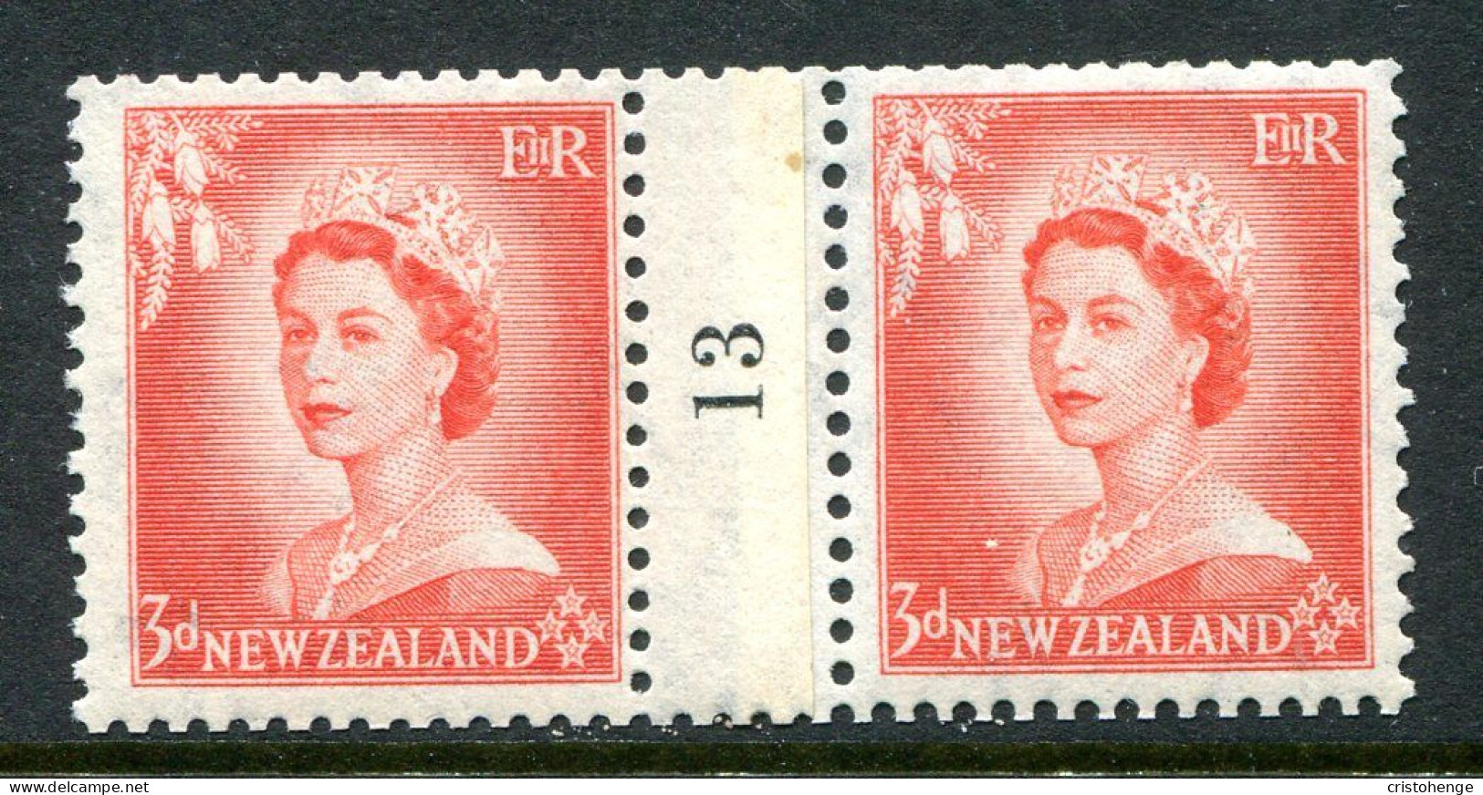 New Zealand 1953-59 QEII Definitives - Coil Pairs - 3d Vermilion - No. 13 - LHM (SG Unlisted) - Unused Stamps
