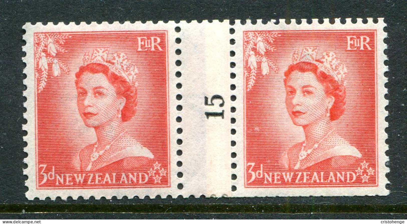 New Zealand 1953-59 QEII Definitives - Coil Pairs - 3d Vermilion - No. 15 - LHM (SG Unlisted) - Neufs