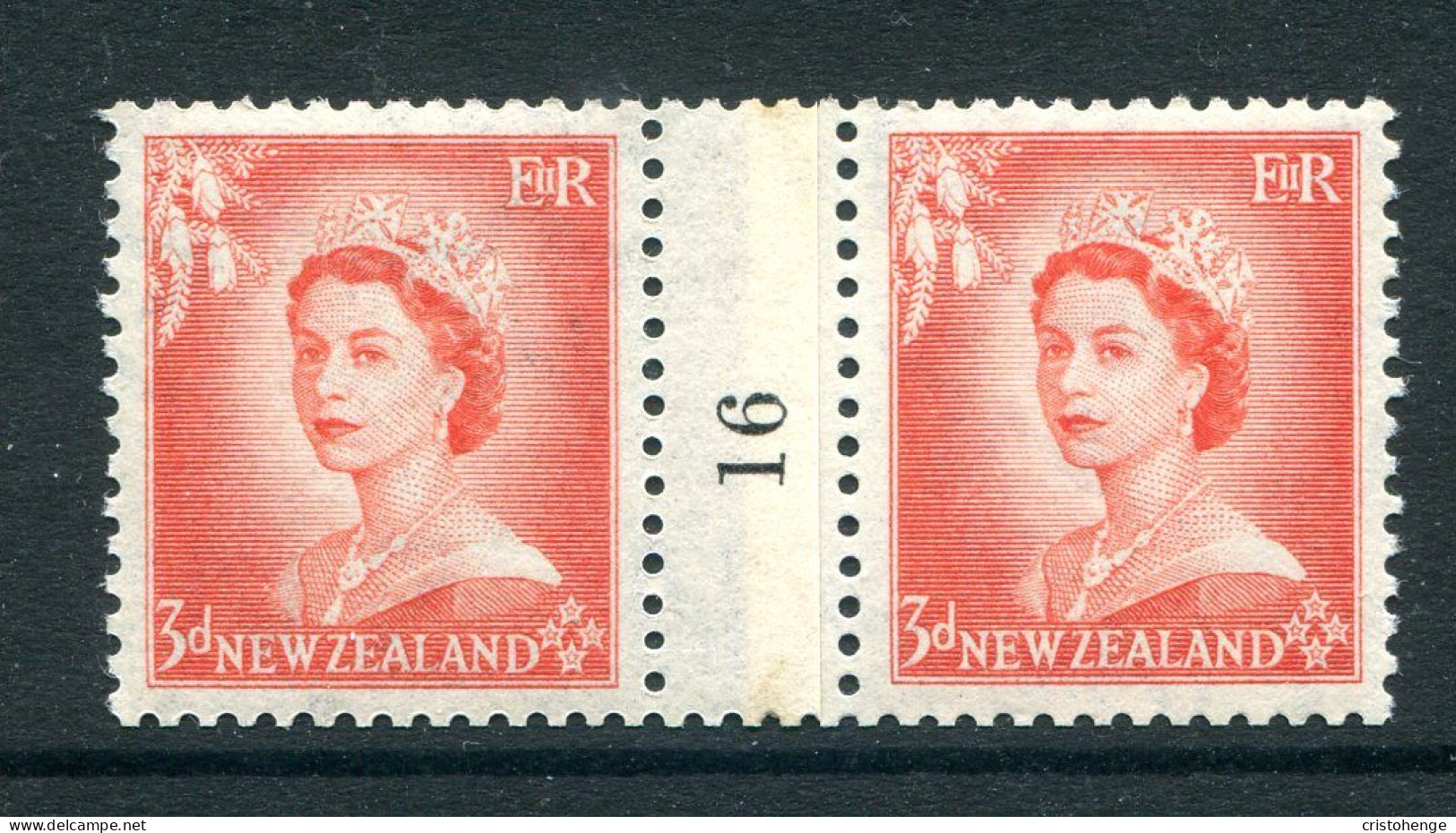New Zealand 1953-59 QEII Definitives - Coil Pairs - 3d Vermilion - No. 16 - LHM (SG Unlisted) - Neufs