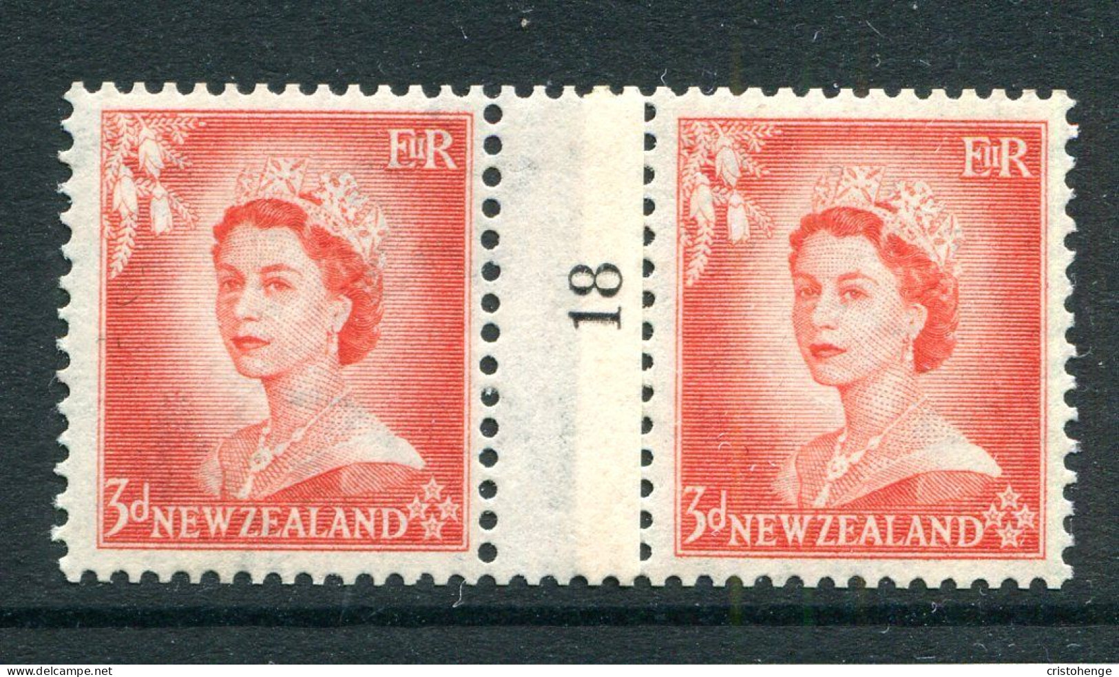 New Zealand 1953-59 QEII Definitives - Coil Pairs - 3d Vermilion - No. 18 - LHM (SG Unlisted) - Neufs