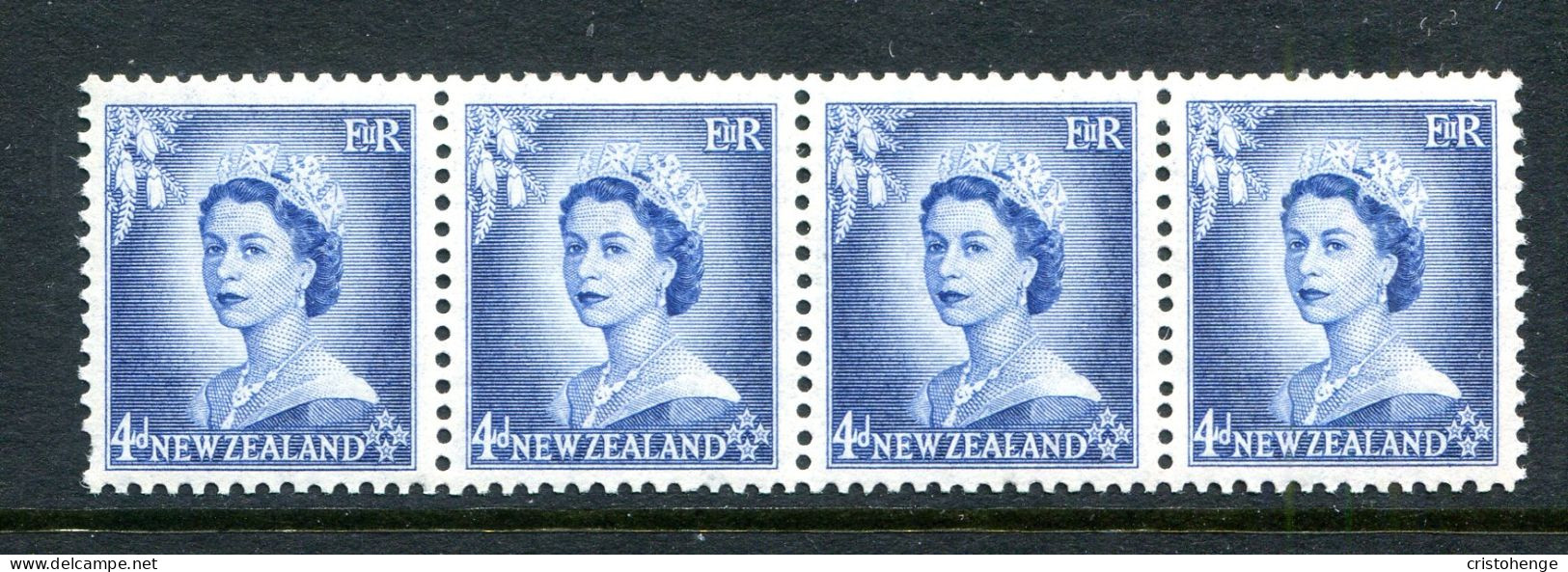 New Zealand 1953-59 QEII Definitives - Coil Strip - 4d Blue - Strip Of 4 MNH (SG Unlisted) - Neufs