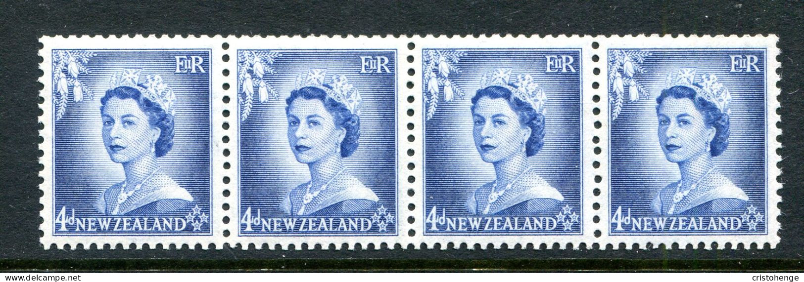 New Zealand 1953-59 QEII Definitives - Coil Strip - 4d Blue - Strip Of 4 MNH (SG Unlisted) - Unused Stamps