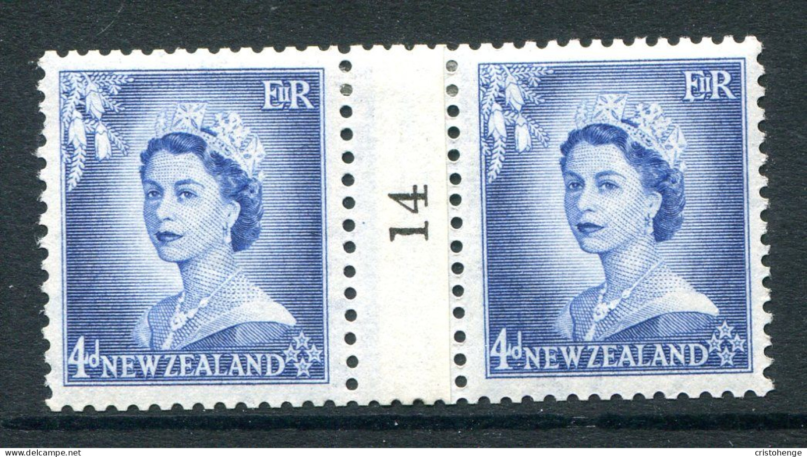 New Zealand 1953-59 QEII Definitives - Coil Pairs - 4d Blue - No. 14 - LHM (SG Unlisted) - Unused Stamps