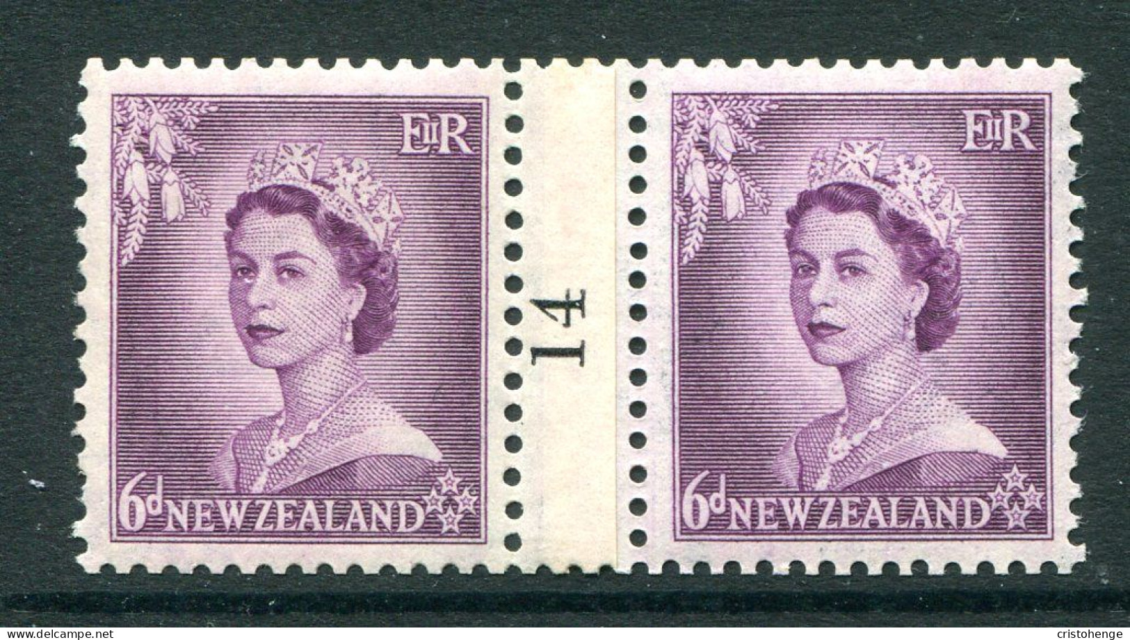 New Zealand 1953-59 QEII Definitives - Coil Pairs - 6d Purple - No. 14 - LHM (SG Unlisted) - Unused Stamps