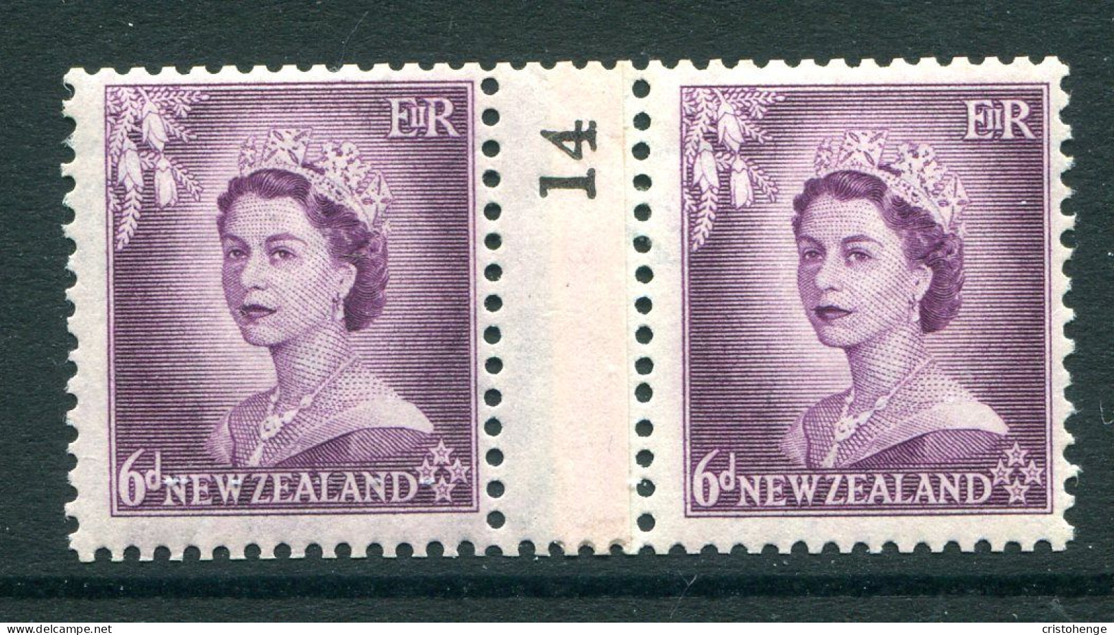 New Zealand 1953-59 QEII Definitives - Coil Pairs - 6d Purple - No. 14 - LHM (SG Unlisted) - Unused Stamps