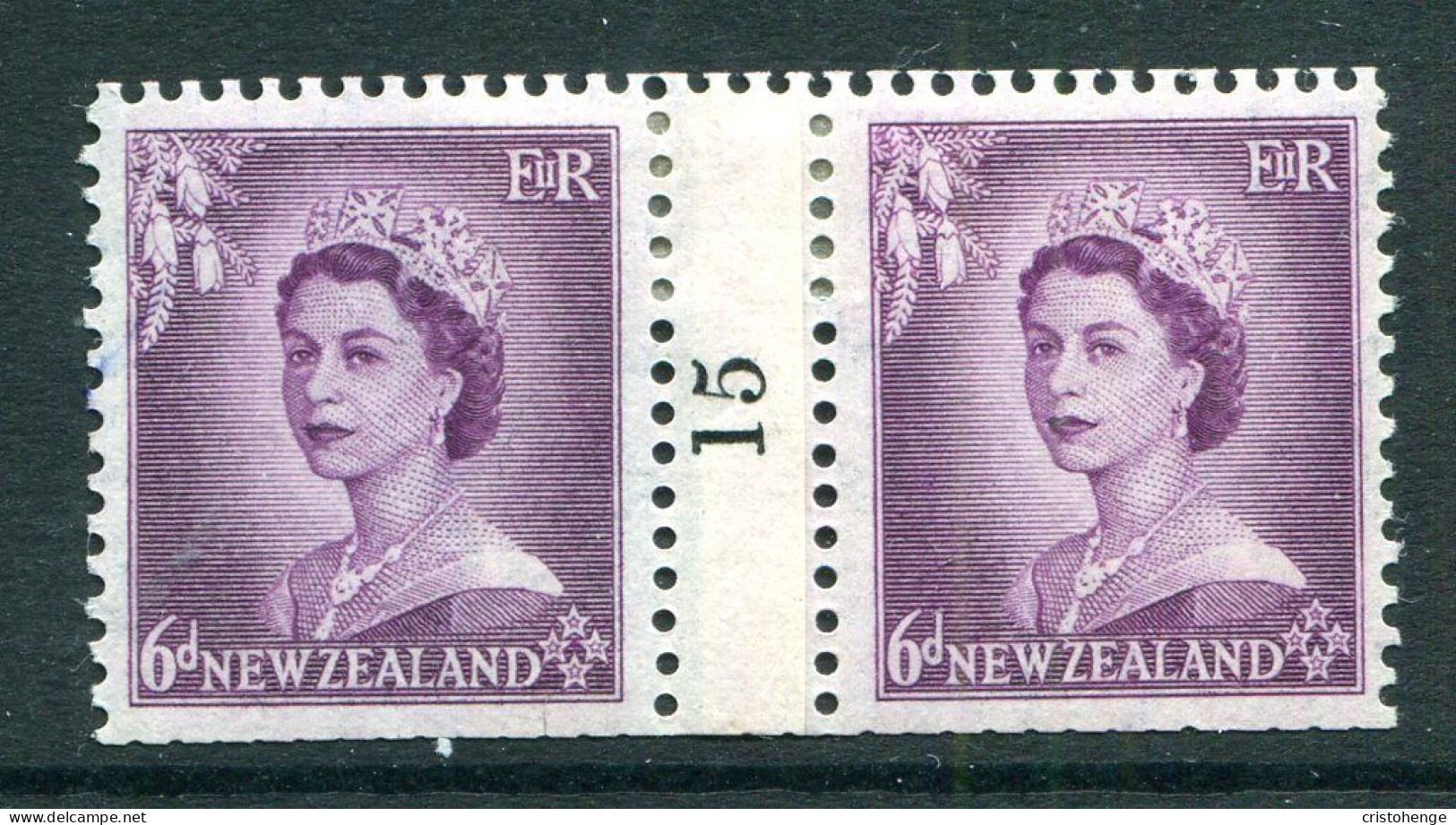 New Zealand 1953-59 QEII Definitives - Coil Pairs - 6d Purple - No. 15 - LHM (SG Unlisted) - Neufs