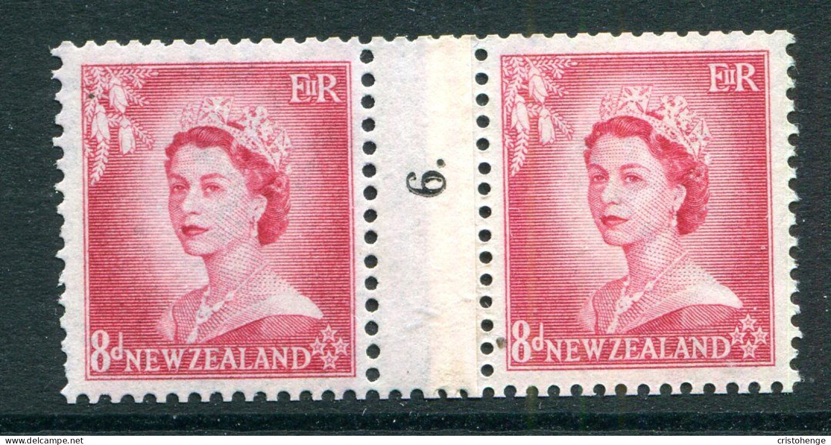 New Zealand 1953-59 QEII Definitives - Coil Pairs - 8d Rose-carmine - No. 6 - LHM (SG Unlisted) - Unused Stamps