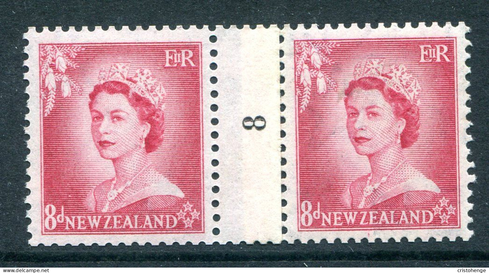 New Zealand 1953-59 QEII Definitives - Coil Pairs - 8d Rose-carmine - No. 8 - LHM (SG Unlisted) - Unused Stamps