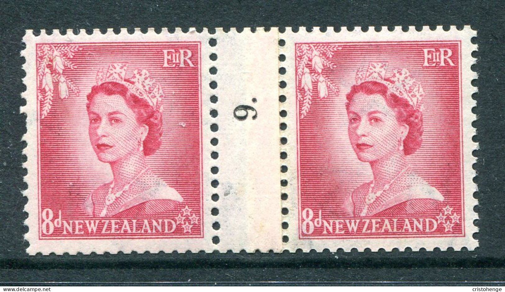 New Zealand 1953-59 QEII Definitives - Coil Pairs - 8d Rose-carmine - No. 9 - LHM (SG Unlisted) - Neufs