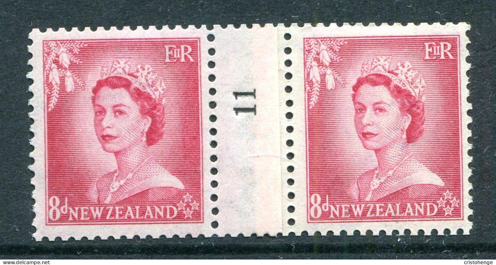 New Zealand 1953-59 QEII Definitives - Coil Pairs - 8d Rose-carmine - No. 11 - LHM (SG Unlisted) - Unused Stamps