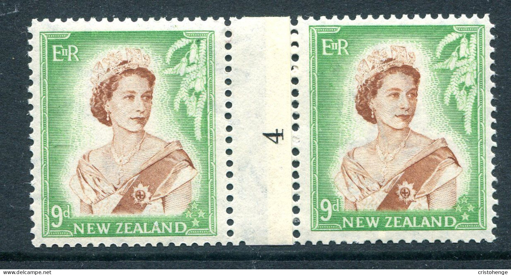 New Zealand 1953-59 QEII Definitives - Coil Pairs - 9d Brown & Green - Horizontal - No. 4 - LHM - Unused Stamps