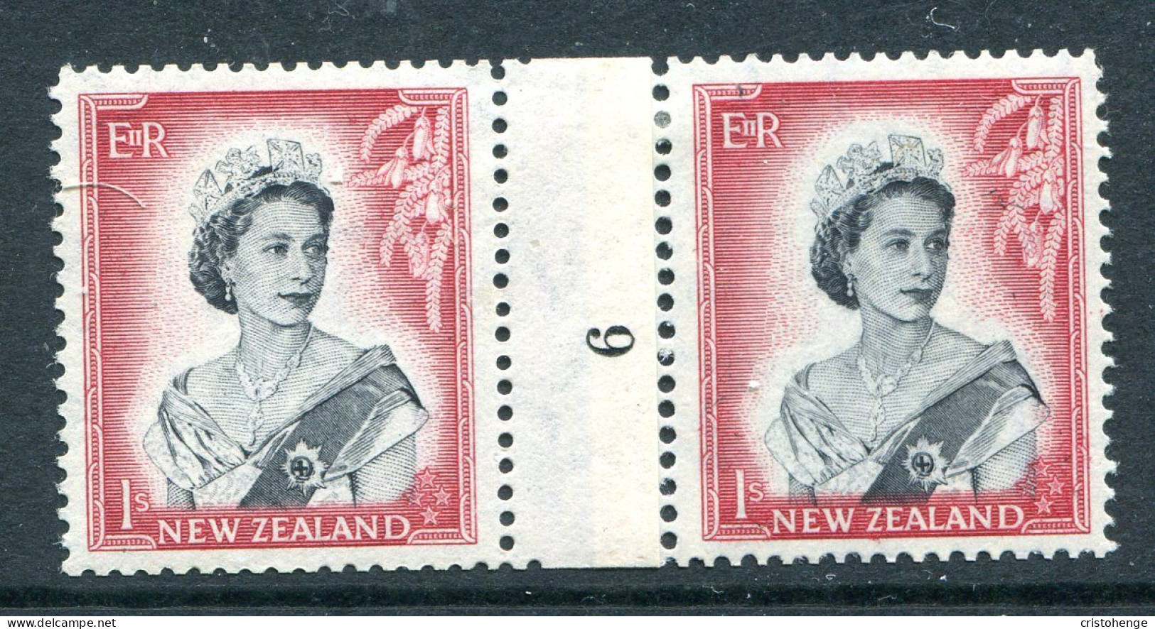 New Zealand 1953-59 QEII Definitives - Coil Pairs - 1/- Black & Carmine - Horizontal - No. 6 - LHM - Neufs