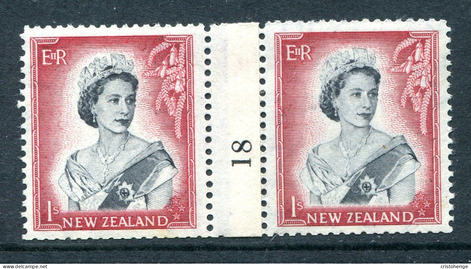 New Zealand 1953-59 QEII Definitives - Coil Pairs - 1/- Black & Carmine - Horizontal - No. 18 - LHM - Unused Stamps